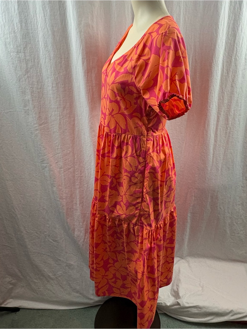 J. Crew Boho Floral Tiered Midi Dress Orange Pink Puff Sleeve 6 - Picture 6 of 10